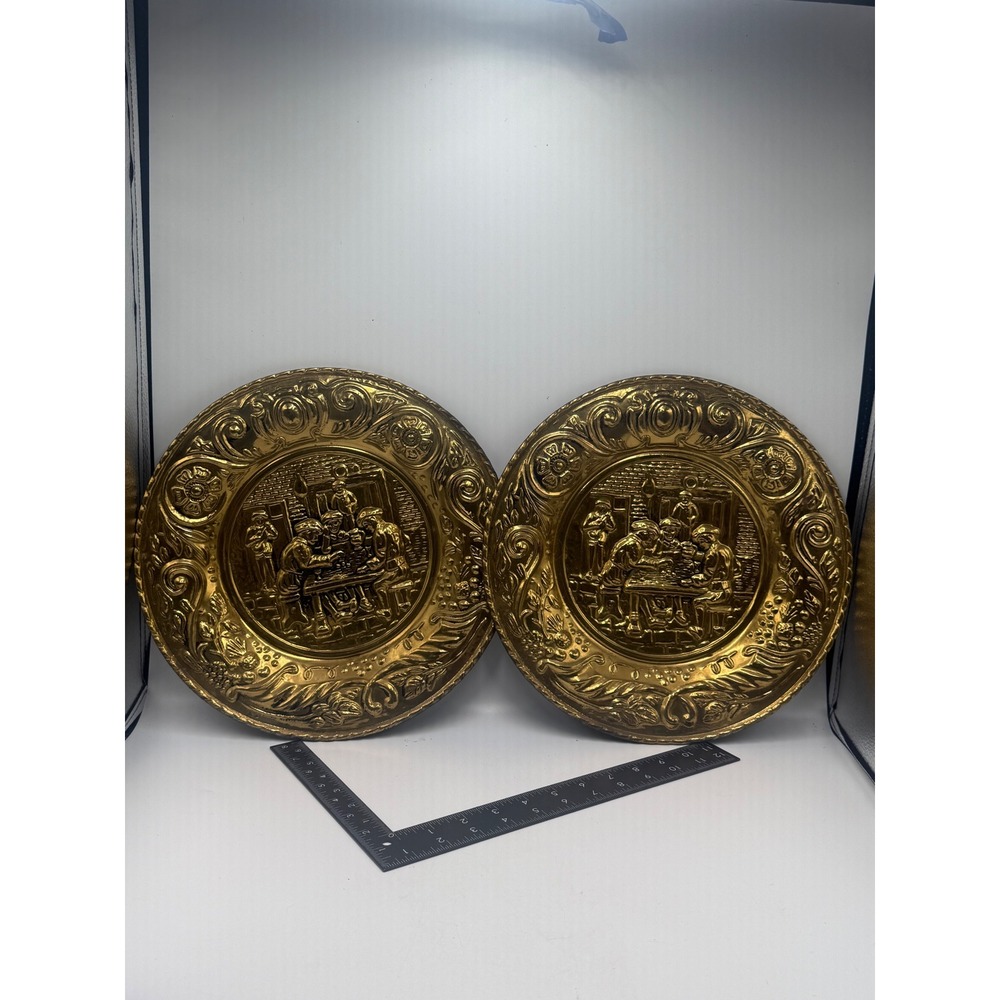 Vintage Pair Embossed Brass Wall Hanging Plates Tavern Scene Made in England 12"